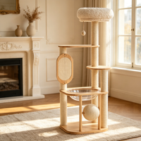 RubberTower 139cm Arbre à chat moderne en MDF Bois de palissandre avec capsule en acrylique, griffoir vertical en sisal, plusieurs plateformes et panier en carton Teddy