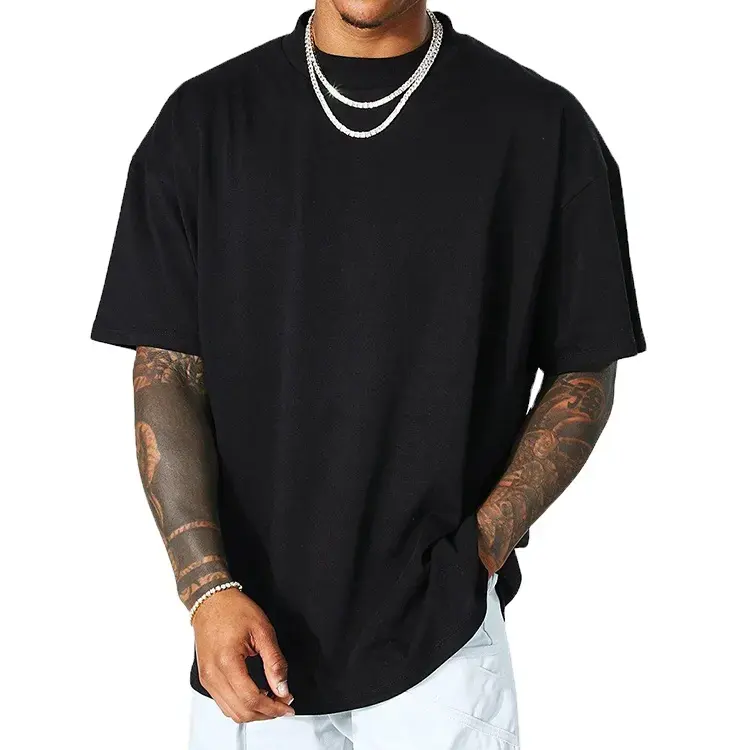 Mock neck plus size t shirt cotton oversized heavyweight drop shoulder plain t shirt black for men