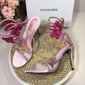Sandalias de tacón floral con diseño de serpiente en el tobillo para mujer, elegantes y a la moda para el verano. - Product Image 4