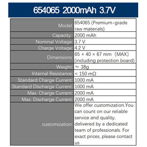 Batería de Iones de Litio de 654065, 2000 mAh, 3.7 V (Materiales de Primera Calidad), Fabricación Profesional Personalizada, Certificación KC UL, para Equipos Médicos - Product Image 2