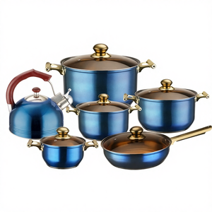 Güneydoğu Asya Paslanmaz Çelik Rebase Tabanlı 12 Parça Tencere Seti Cam Kapaklı Üniversal Ocak Uyumluluğu Renkli Tencere ve Tavalar - Product Image 1