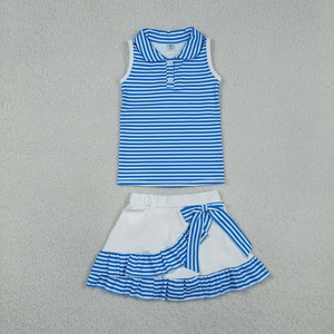 Conjunto de vestido de golf de dos piezas a rayas azules para niñas pequeñas, camiseta sin mangas con falda pantalón con volantes, traje de verano de cintura alta - Product Image 4