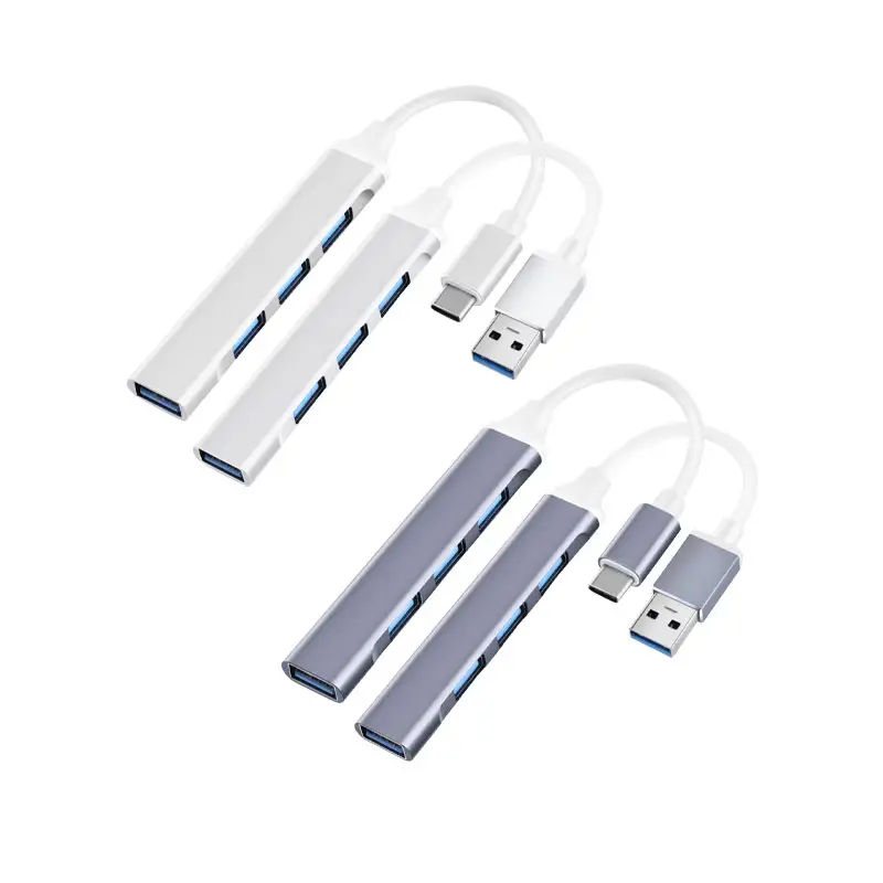Pabrik Grosir Logam Aluminium Aloi Perak untuk PC Laptop Tipe C 4 Port Adaptor Portabel 3.0 USB HUB