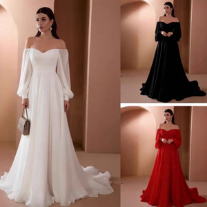 Vestido de noche largo con hombros descubiertos, cintura imperio, color sólido, transpirable, para eventos formales. - Product Image 1