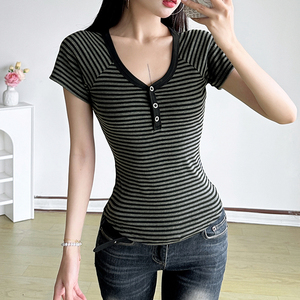 Vintage Stripe Print Button Embellished Women's U Neck Short Sleeve T-Shirt - Product Image 4