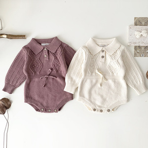 Tute da bambino lavorate a maglia con risvolto autunno e inverno vestiti per ragazze manica lunga pagliaccetto cotone - Product Image 2