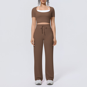 Ensemble de yoga deux pièces pour <span class=keywords><strong>femme</strong></span>, couleur unie, bicolore, effet seconde peau, haute élasticité, imitation respirante, infroissable, avec cordon de serrage - Product Image 2