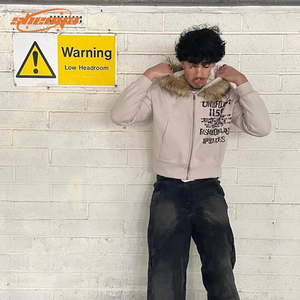 Felpe da uomo in cotone 100% felpe con <span class=keywords><strong>cappuccio</strong></span> in <span class=keywords><strong>pelliccia</strong></span> sintetica con cerniera 400gsm con stampa serigrafica personalizzata con Zip - Product Image 3