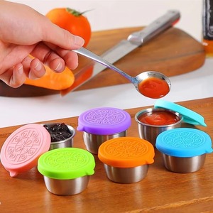 304 Stainless Steel Sauce Cup Silicone Lid Leak Proof Round Seasoning <b>Container</b> Reusable Dressing Cup for Kitchen Meal Prep - Product Image 2