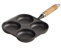 Poêle à petit-déjeuner en fonte à 4 trous, poêle à frire non revêtue pour œufs et burgers avec poignée en bois, compatible avec toutes les plaques de cuisson