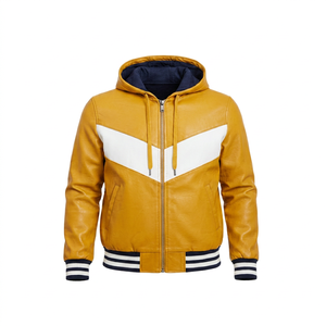 Ensemble de survêtement pour homme en cuir jaune premium avec design à rayures blanches contrastées et pantalon de jogging fuselé - Product Image 1