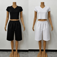 Ensemble décontracté 2 pièces pour femme, couleur unie, haut court à col en V et pantalon capri en coton et élasthanne, tenue de détente pour le quotidien