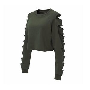 Sweat-shirt à capuche court pour femme, à manches longues, ajouré et déchiré - Product Image 2