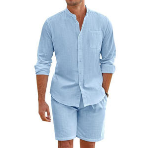 Conjuntos informales de lino de verano para hombre, camisas con cuello levantado Vintage transpirables + conjuntos de pantalones cortos, trajes de playa transpirables cómodos para hombre - Product Image 1