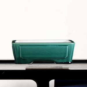 Pot à bonsaï rectangulaire en céramique, vert émaillé, style chinois, jardinière en forme de bac - Product Image 1