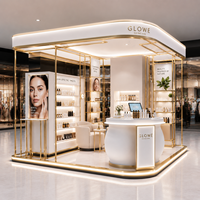 Kiosque de vente de produits de soin de la peau de luxe, îlot d'exposition pour centre commercial de beauté, éclairage LED |   Présentoir cosmétique en acier inoxydable doré écologique