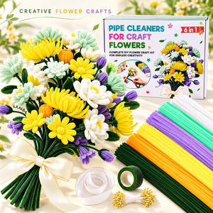 Kit de Manualidades con Flores de Margarita y Tulipán, Limpiapipas de Chenilla en Rosa, Blanco y Amarillo, Suministros para Ramos DIY, Venta al Por Mayor - Product Image 1