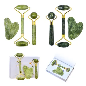 Facial Skin Care Guasha Massage Kit Custom Logo Natural Green Jade Stone Light And Dark Green Color Face Roller And Gua Sha Set