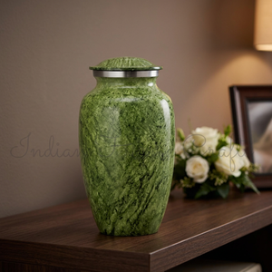 Urne funéraire en laiton de style européen à effet marbre vert, souvenir pour adulte, décoration commémorative pour la maison - India Home Crafts - Product Image 1
