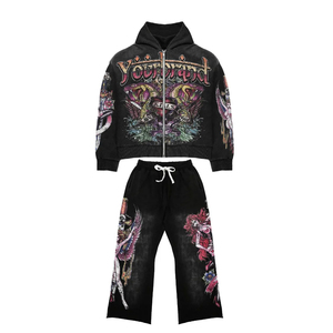 Survêtement unisexe noir imprimé à capuche avec fermeture éclair, manches longues, motif tête de mort, streetwear, coupe ample, pour adulte, tenue décontractée d'automne - Product Image 3