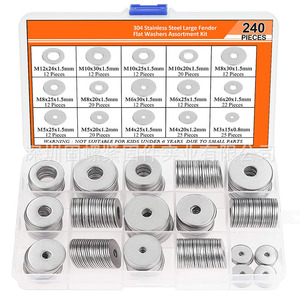 304 Stainless Steel Flat Washers Assortment Kit 240 Pieces DIN Standard Bright Finish 2B Surface Grade 300 Series - Product Image 1
