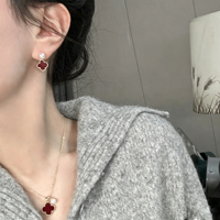 Set Perhiasan Semanggi Merah Empat Daun Cina Kalung Gelang Anting Mutiara Air Tawar Alami Buatan Tangan Perhiasan Keberuntungan Grosir