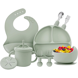 Juego de Alimentación para Bebés de 8 Piezas con Logotipo Personalizado, Libre de BPA, Plato y Tazón de Silicona de Grado Alimenticio con Succión, Babero, Cubiertos, Ecológico y No Tóxico - Product Image 1