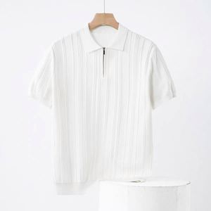 Maxfree Men Clothing Vertical Pattern Short <b>Sleeve</b> Summer Slim-Fit Polo Knit <b>T</b>-<b>Shirt</b> Casual <b>Half</b>-Zip Top Knitted Sweater - Product Image 1