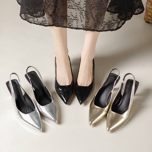Chaussures élégantes pour femmes, dorées et argentées, fines, couleur unie, à bout pointu, avec talon ouvert, confortables, tendance mode été-automne, en PU - Product Image 1