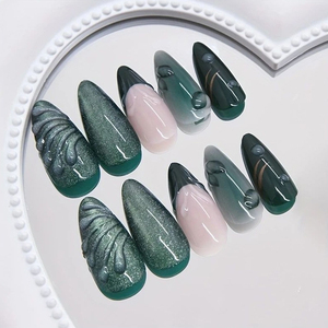 Faux ongles à presser en ABS, forme amande, vert pailleté, motif étoile dorée, style français, application facile, 24 pièces - Product Image 1