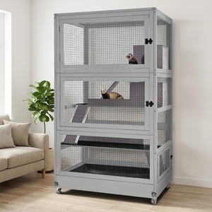 <b>Large</b> Luxury Chinchilla 4-Level Ferret Wooden Hutch Aluminium <b>Frame</b> Chew-Proof Wheels Movable Plastic Tray for Hamster Gerbil - Product Image 1
