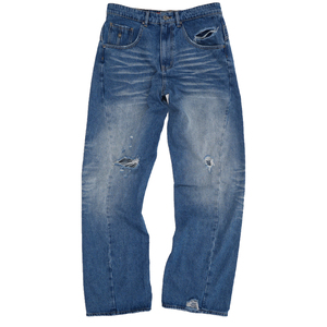 Jean en denim déchiré et vieilli pour homme, taille haute, coupe droite, style décontracté, en coton, pour le printemps, bleu moyen, coupe ample, avec coutures torsadées - Product Image 1