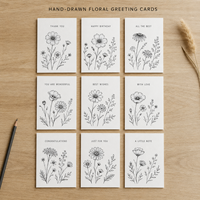 Cartes de vœux simples noires à motif floral botanique, impression personnalisée, dessin de fleurs sauvages, pour cadeau, insert de colis professionnel, carte de remerciement