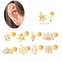 Anting Tragus Bunga Kincir Angin Maina ASTM F136 Titanium Push Pin Labret Piercing Geometri Zirkon untuk Tindik Tulang Rawan Helix Lobe
