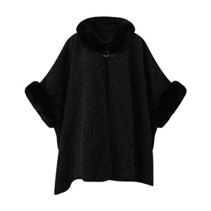 Capa de piel sintética para mujer con cuello de felpa, capa informal con mangas de murciélago, chal cálido de invierno para paseos por la calle, oficina o fiestas - Product Image 6