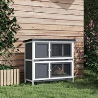 Nichoir surélevé moderne en bois de sapin gris à 2 niveaux, résistant aux intempéries, pour lapins et petits animaux, avec plateaux extractibles pour jardin extérieur