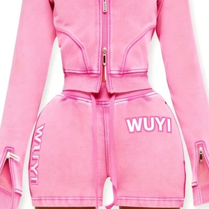 Custom Logo Pink Acid Wash Streetwear <b>Leggings</b> Shorts <b>Flared</b> Pants Tracksuit Women Y2K Women Zip Up Hoodie Two Piece Set - Product Image 3