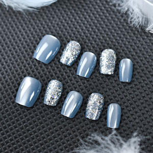 Faux ongles courts <span class=keywords><strong>bleu</strong></span> clair, design chic avec paillettes et yeux de chat, luxe, forme squoval, couverture complète, 15 tailles - 30 pièces - Product Image 3