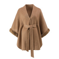 Poncho double face 100 % poil de chameau pour femme avec ceinture en fourrure de vison véritable et manches chauve-souris