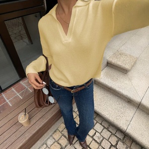 Custom <strong>Women's</strong> Chic Butter Yellow Lapel V <strong>Neck</strong> Knitted Sweater Long Sleeve Casual Loose Fit Pullover <strong>Jumper</strong> Polyester Knitwear - Product Image 3