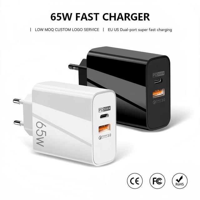Factory Direct 65W Dual Port PD QC3.0 Phone Fast Charger EU US Plug Dual Output Overheat Protection Custom Logo Bulk Wholesale