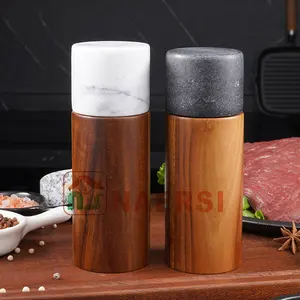 Premium Spice Mill, Ceramic Grinder acacia wood and marble salt and pepper mill set for home and kitchen