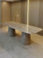 Table à manger en pierre naturelle de luxe personnalisée, style Taj Mahal, meubles en pierre cannelée ovale en quartzite pour plan de travail de cuisine