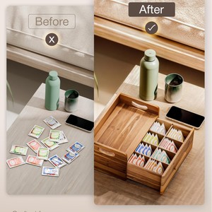 Wooden Desktop Storage <b>Box</b> With Drawer Compartmentalized Organizer For <b>Tea</b> Bags And Office Supplies Rectangle Acacia Wood - Product Image 4