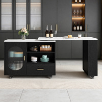 Chariot de rangement de cuisine noir sur roulettes avec plateau coulissant, étagères ouvertes, armoire vitrée, tiroir et îlot de service mobile