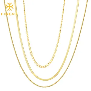 Collar básico de acero inoxidable para mujer, cadena de serpiente de espiga chapada en oro, de tres capas