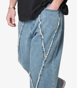 Nueva <span class=keywords><strong>Serie</strong></span> de Diseño: <span class=keywords><strong>Jeans</strong></span> de Mezclilla para Hombre, Estilo Vintage, Lavado Azul, Paneles con Parches, Bajo sin Rematar, Corte Holgado - Product Image 5