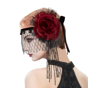 Hstyle <b>Black</b> Elegant Lace Veil Headdress Headband with <b>Rose</b> Party Half Face Death Costume Veil Sexy Eye Veil for Halloween Party - Product Image 1