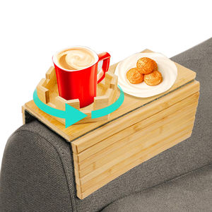 Bandeja de reposabrazos de sofá de bambú con portavasos desmontable, mesa de brazo de sofá antideslizante plegable para almacenamiento de teléfono de aperitivos y bebidas - Product Image 2