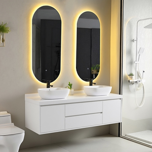 Meuble-lavabo double <span class=keywords><strong>de</strong></span> <span class=keywords><strong>salle</strong></span> <span class=keywords><strong>de</strong></span> <span class=keywords><strong>bain</strong></span> moderne <span class=keywords><strong>de</strong></span> luxe résistant à l'eau avec <span class=keywords><strong>miroir</strong></span> LED et vasque en céramique pour hôtels - Product Image 2